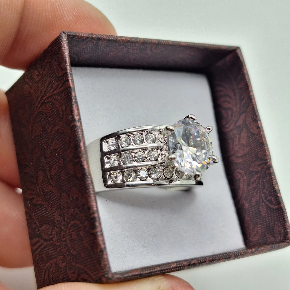 Swarovski Crystal Ring Size 7 | Round Diamond Look Statement Ring | Wide Band - Picture 11 of 16